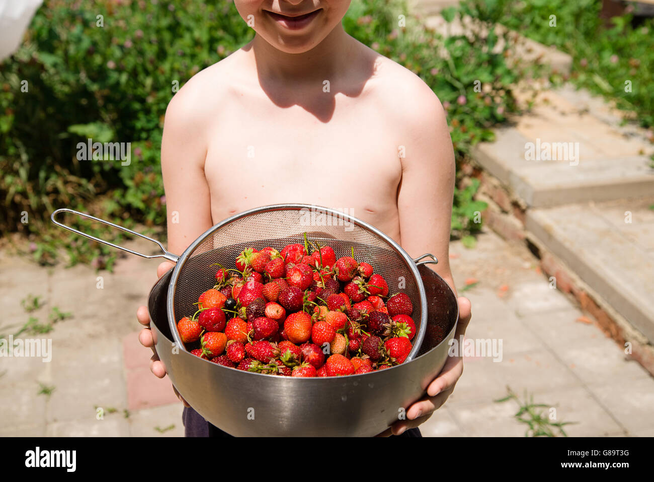 Il ragazzo tiene un recipiente metallico con fragole Foto Stock