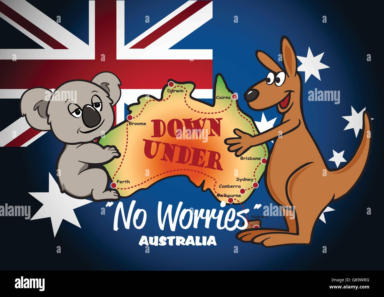 Mappa di Australia con il Koala canguro e bandiera . Illustrazione Vettoriale