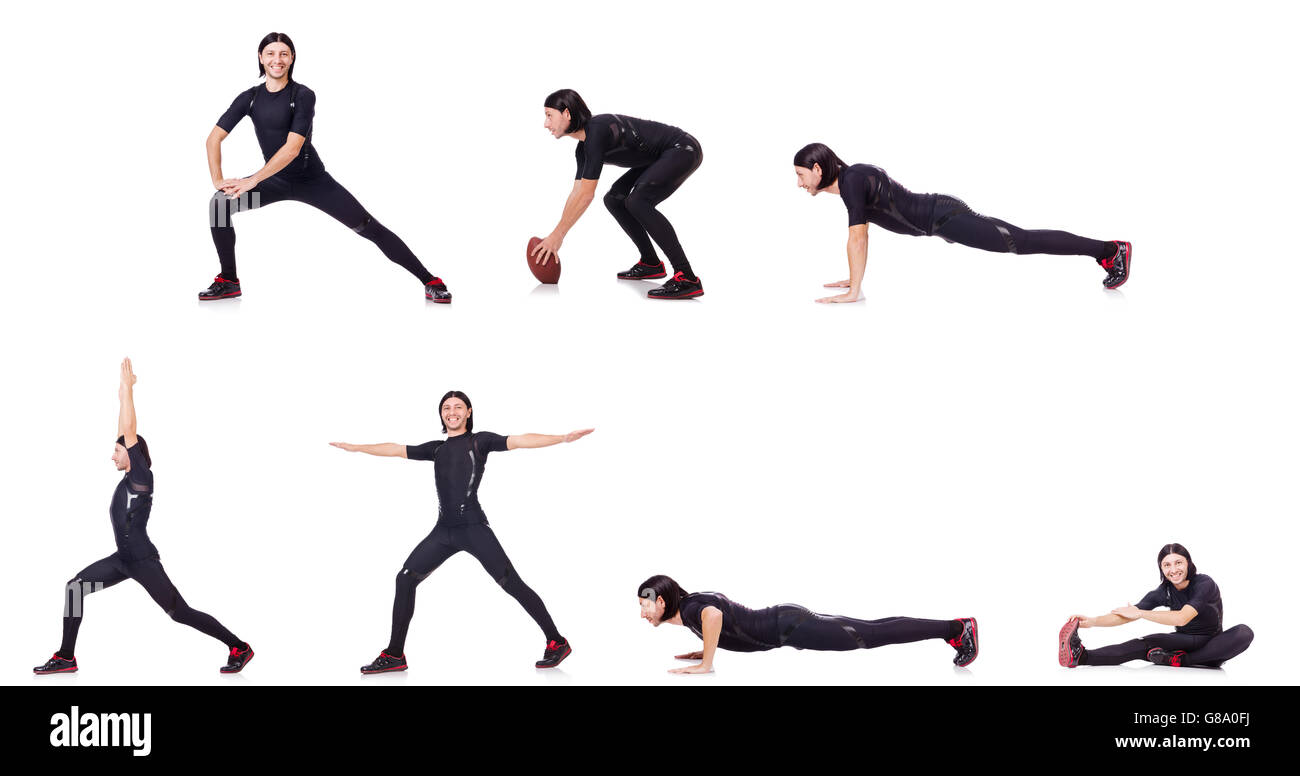 Giovane uomo facendo esercizi su bianco Foto Stock