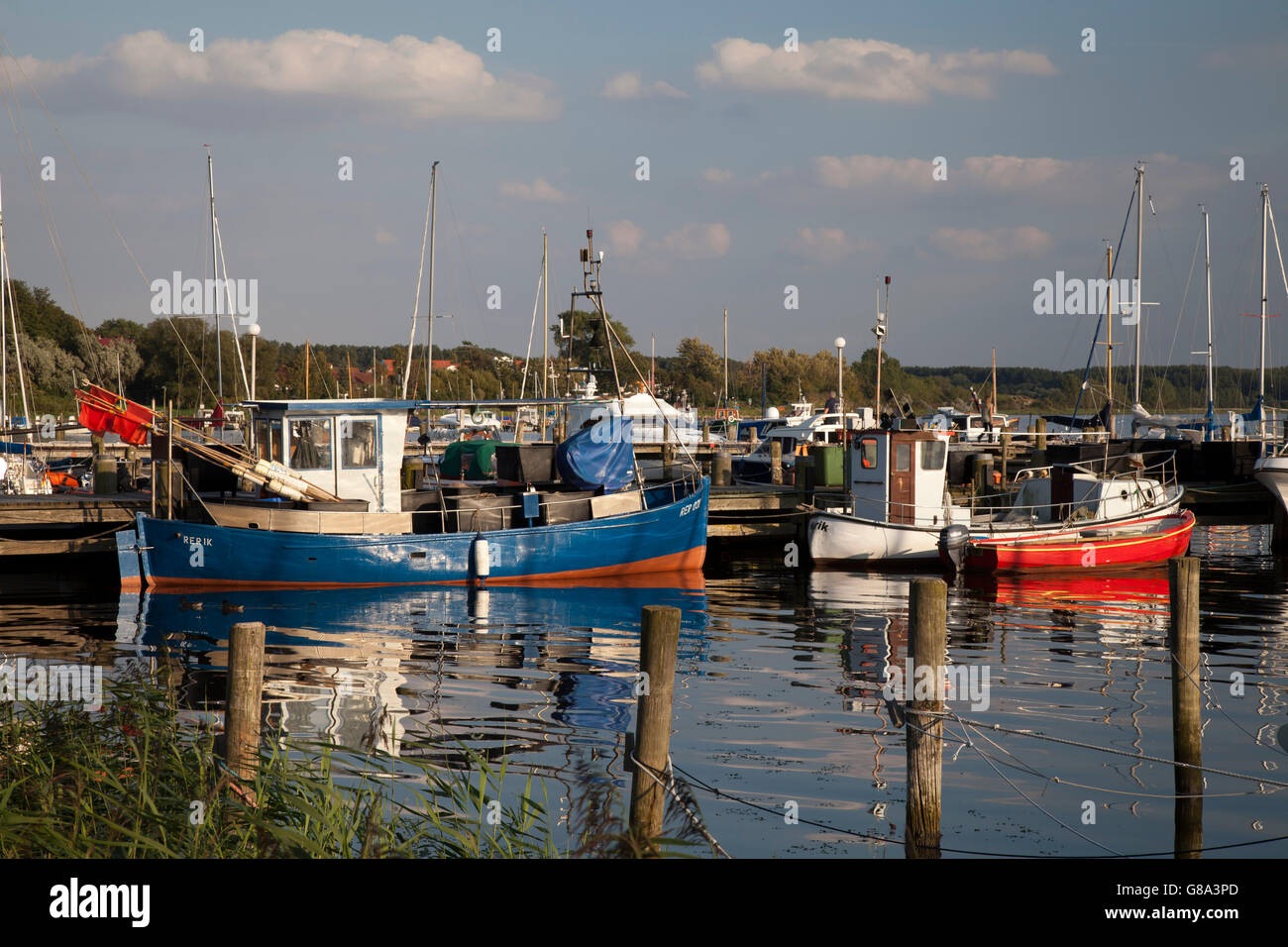 Porta su Salzhaff nella luce della sera, Baltico resort Rerik, Baia di Mecklenburg, Mar Baltico, Meclemburgo-Pomerania Occidentale Foto Stock