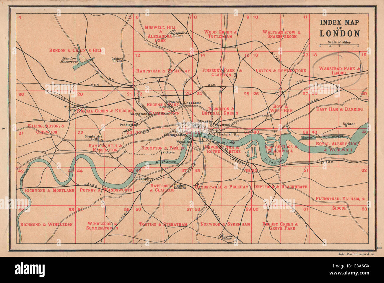 Londra: Indice mappa di Londra. Le ferrovie. Bartolomeo, 1913 Foto Stock
