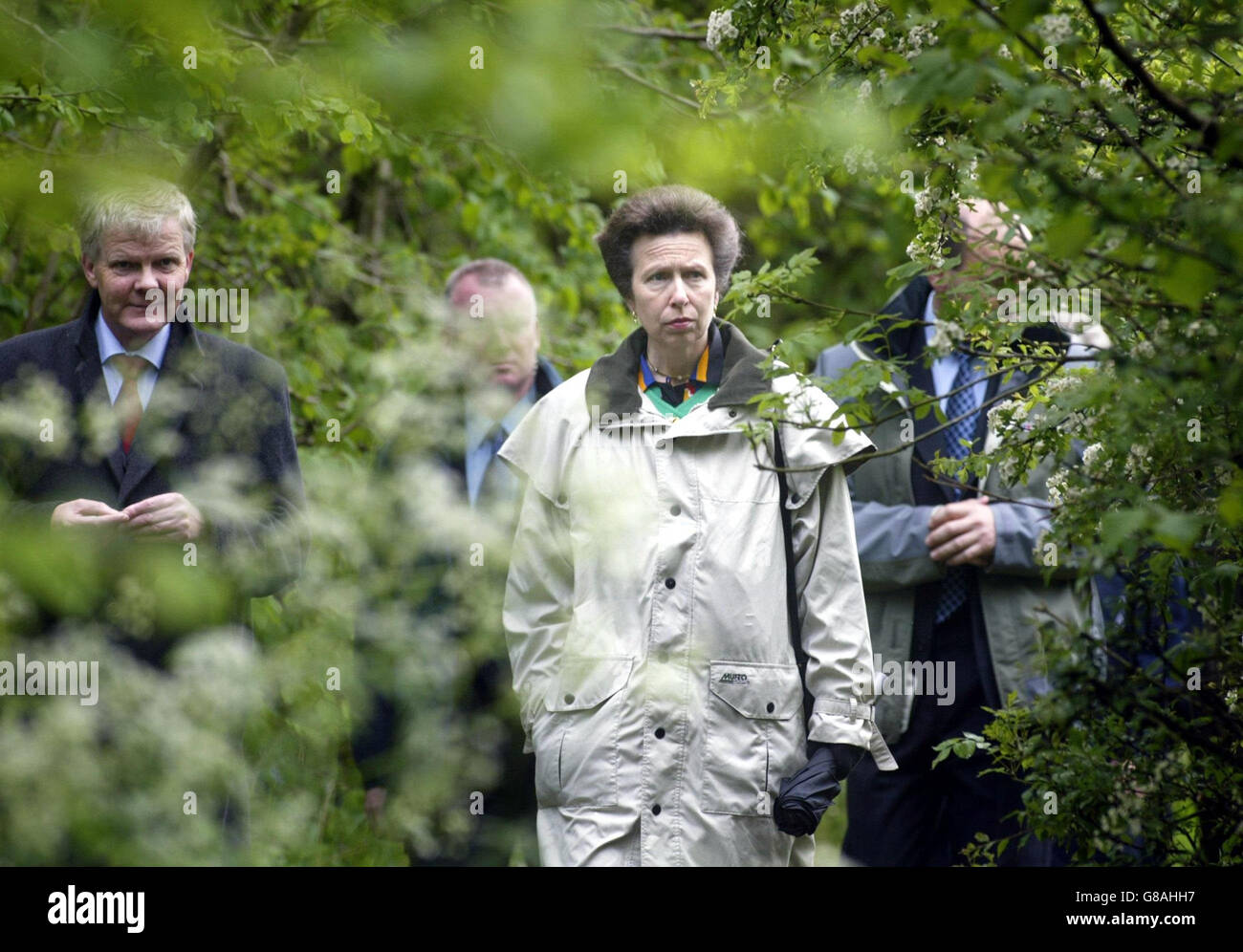 La Principessa reale durante una visita al Bosco di Clements del Woodland Trust, vicino a Larne in Co Antrim. Il primo giorno di una visita di due giorni alla provincia, la Principessa reale ha partecipato ad una speciale cerimonia di piantagione di alberi in memoria della Regina Madre piantando la segagione finale di quercia nel 'Royal Oak Grove'. Foto Stock