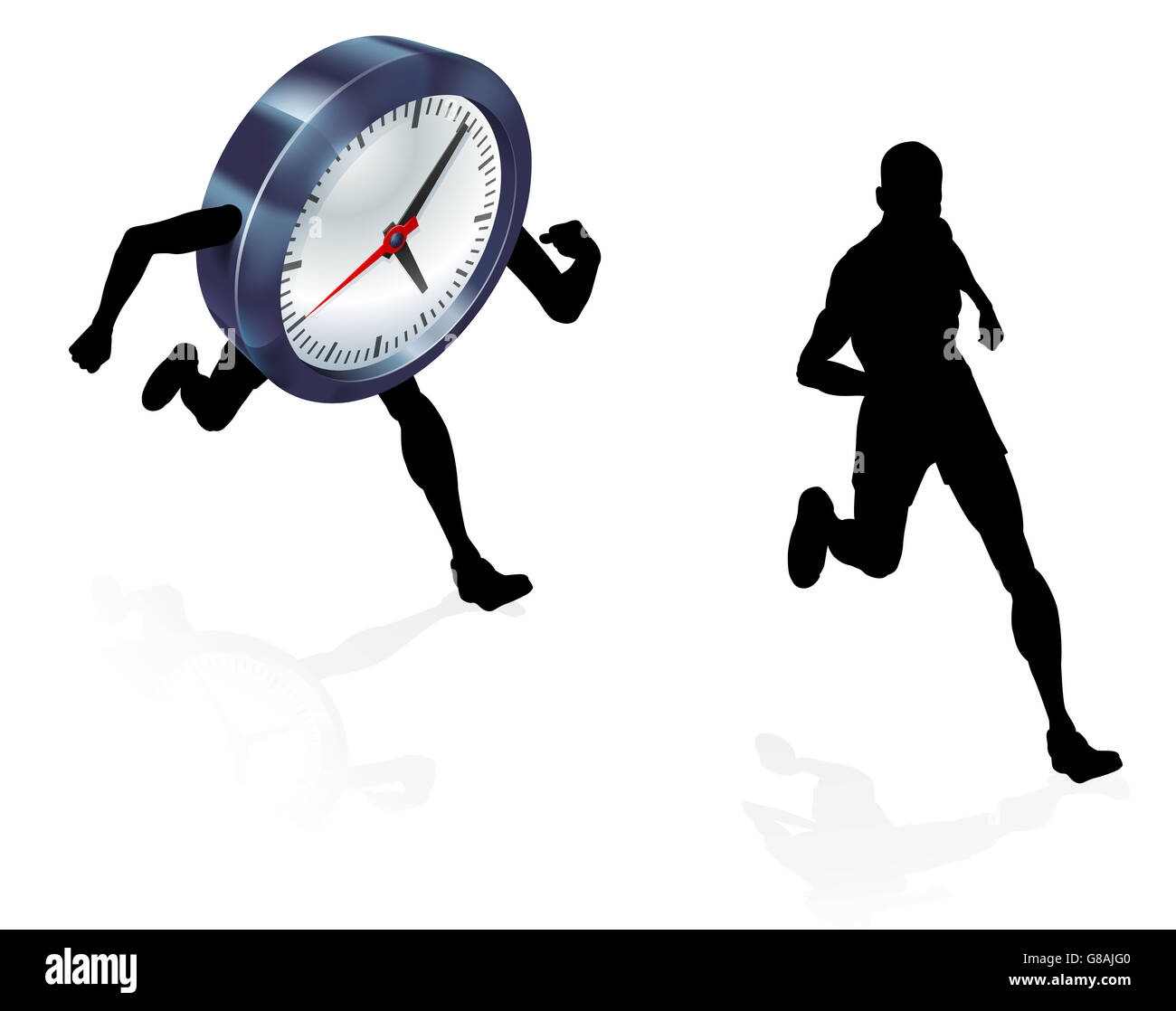 Un uomo che corre da un orologio o racing è un concetto per la pressione del tempo o di equilibrio tra lavoro e vita familiare, sollecitata, corse di un termine o di ottenere Foto Stock