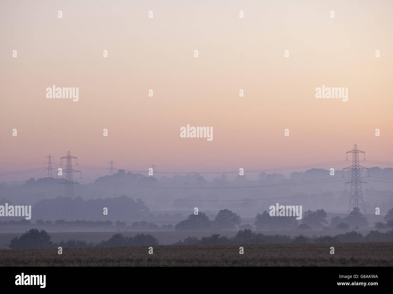 Una vista sui campi all'alba nel Bolam Lake Country Park, Northumberland. Foto Stock