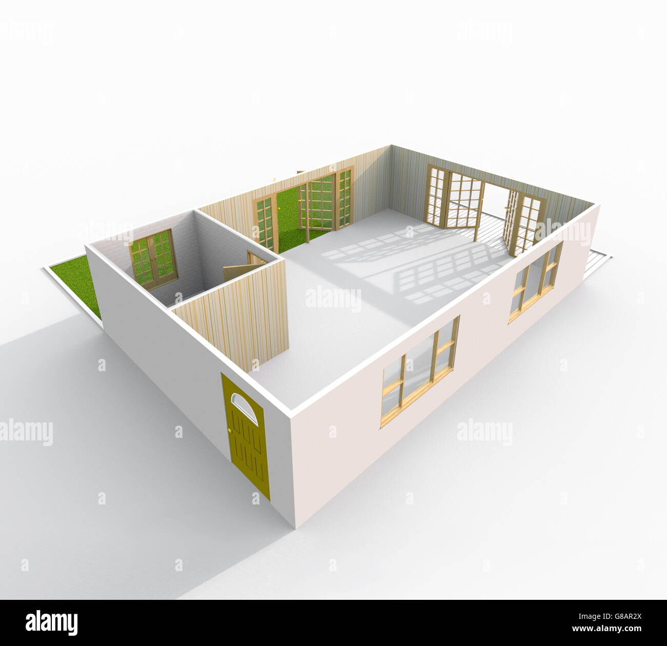 3D Interni rendering vista prospettica del vuoto home appartamento con giardino verde Foto Stock