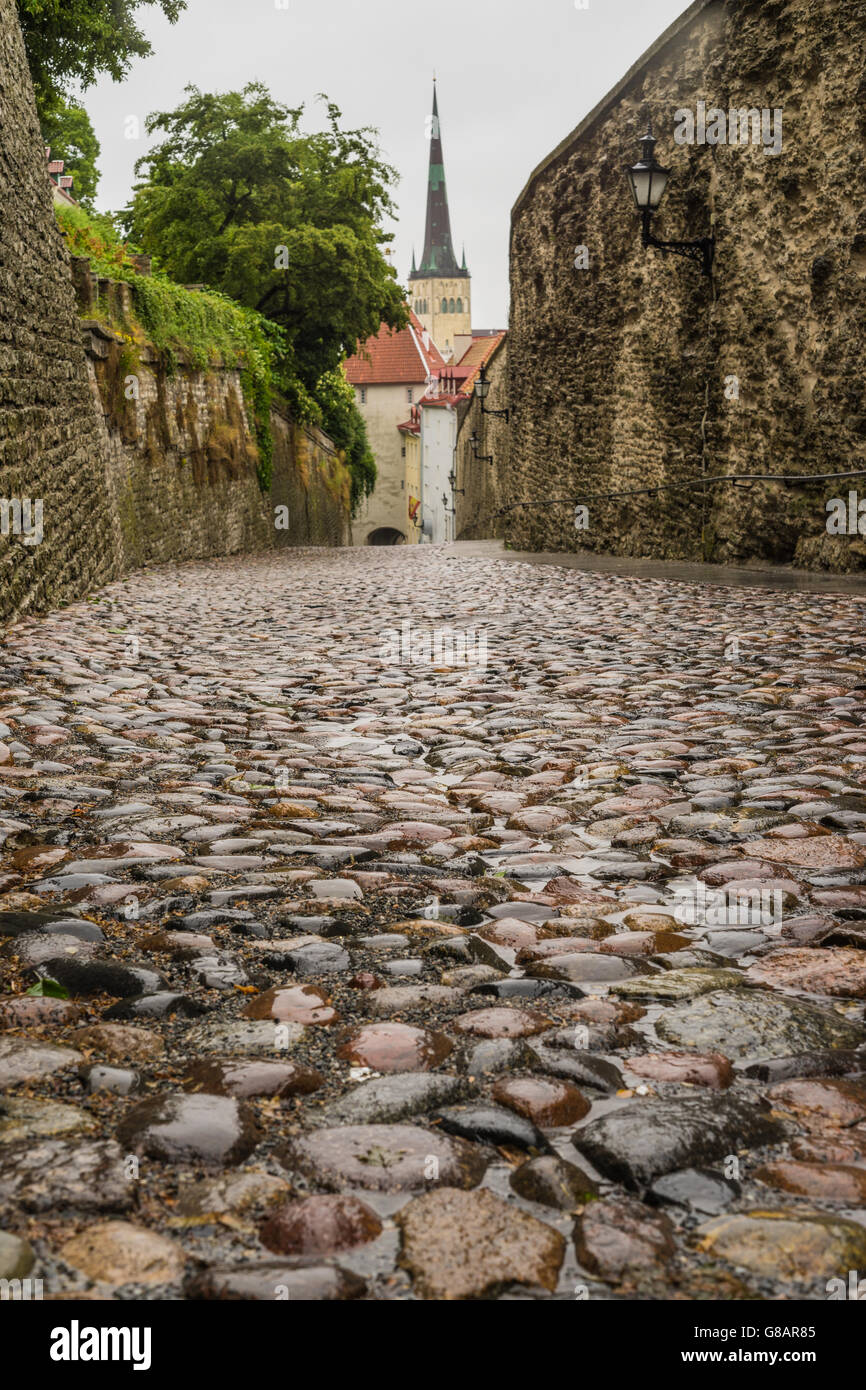 Che conducono giù Pikk Jalg o gamba lunga strada sulla piovosa giornata estiva, chiesa di Oleviste sullo sfondo, Tallinn, Estonia Foto Stock