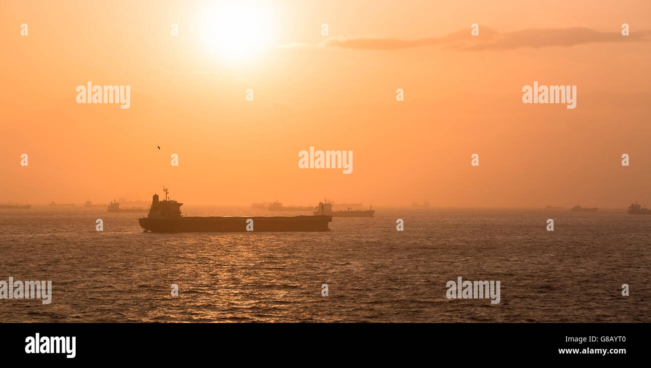 Panorama di Fujayrah ancoraggio con molte navi durante il tramonto. Foto Stock