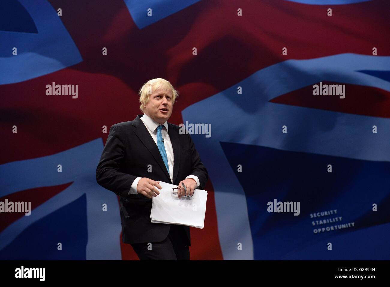 Boris Johnson, deputato di Uxbridge, ha tenuto il suo discorso alla conferenza del Partito conservatore al Manchester Central. Foto Stock