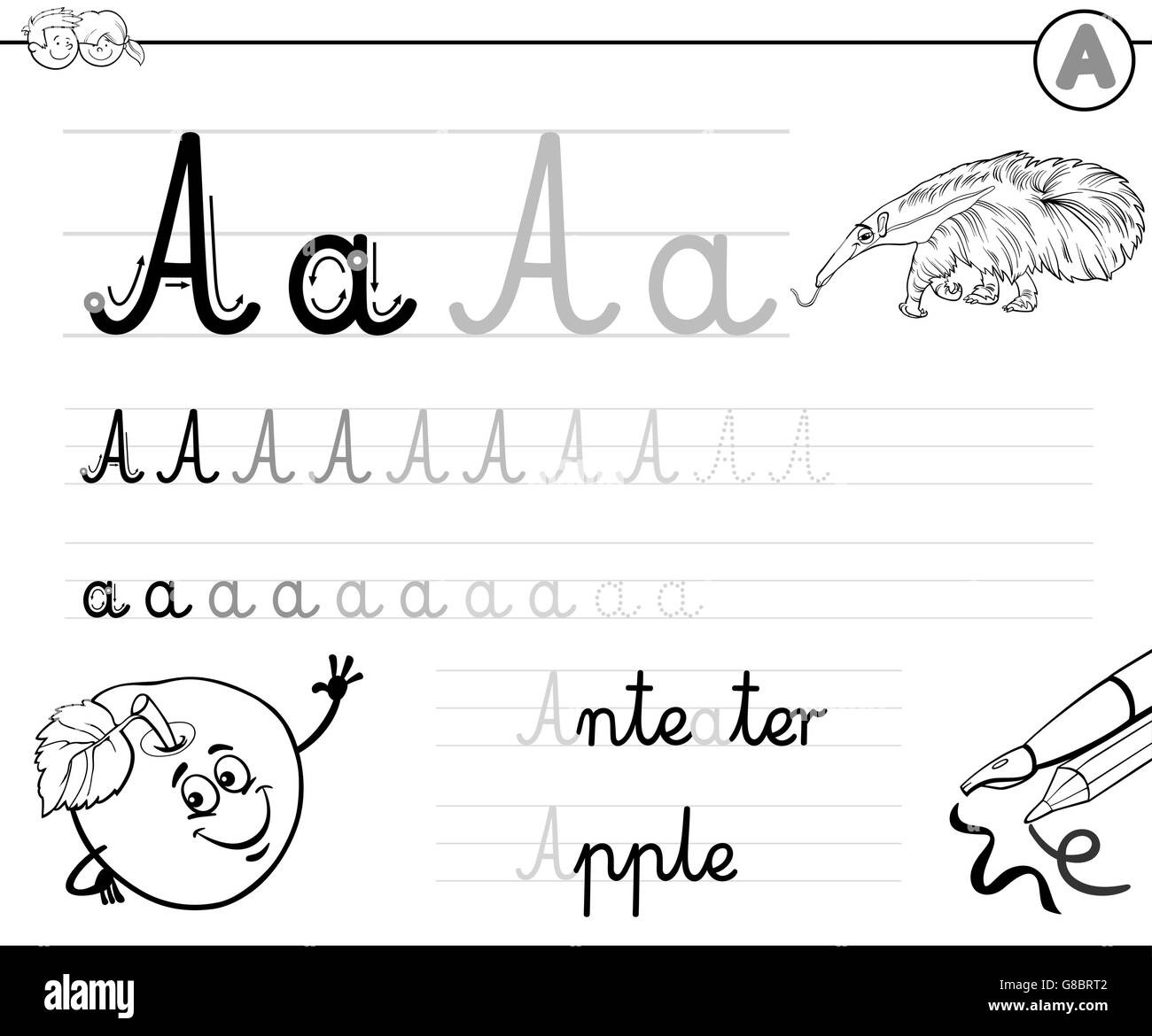 Bianco e Nero Cartoon illustrazione di abilità di scrittura pratica con lettera in un foglio di lavoro per i bambini Libro da colorare Illustrazione Vettoriale