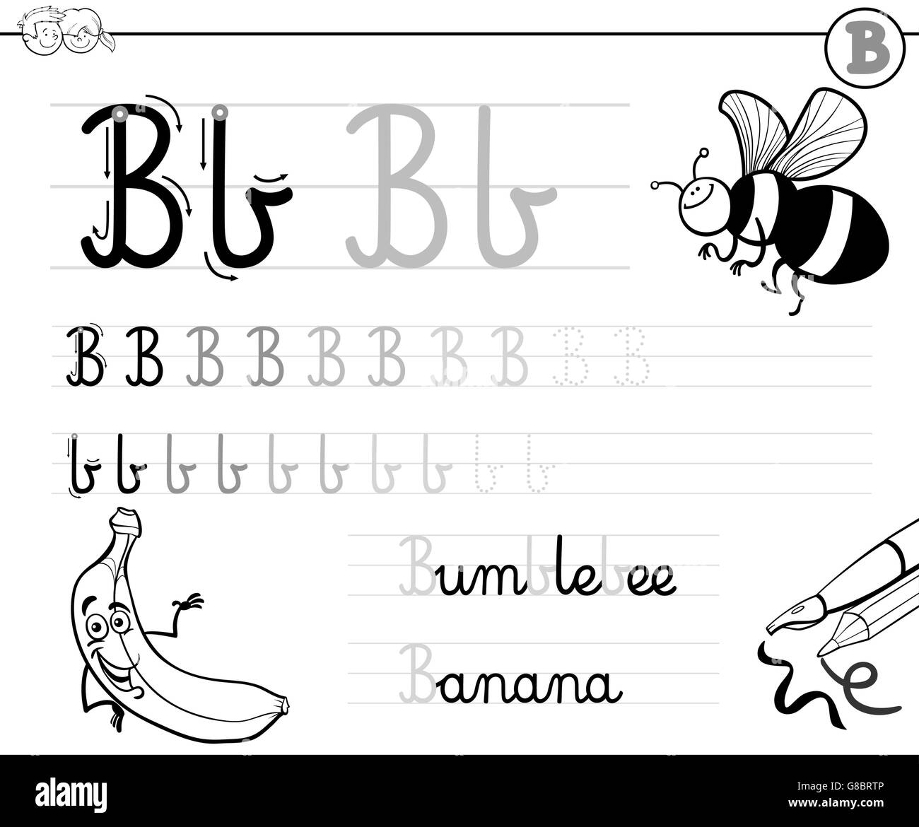Bianco e Nero Cartoon illustrazione di abilità di scrittura pratica con la lettera B Foglio di lavoro per i bambini Libro da colorare Illustrazione Vettoriale
