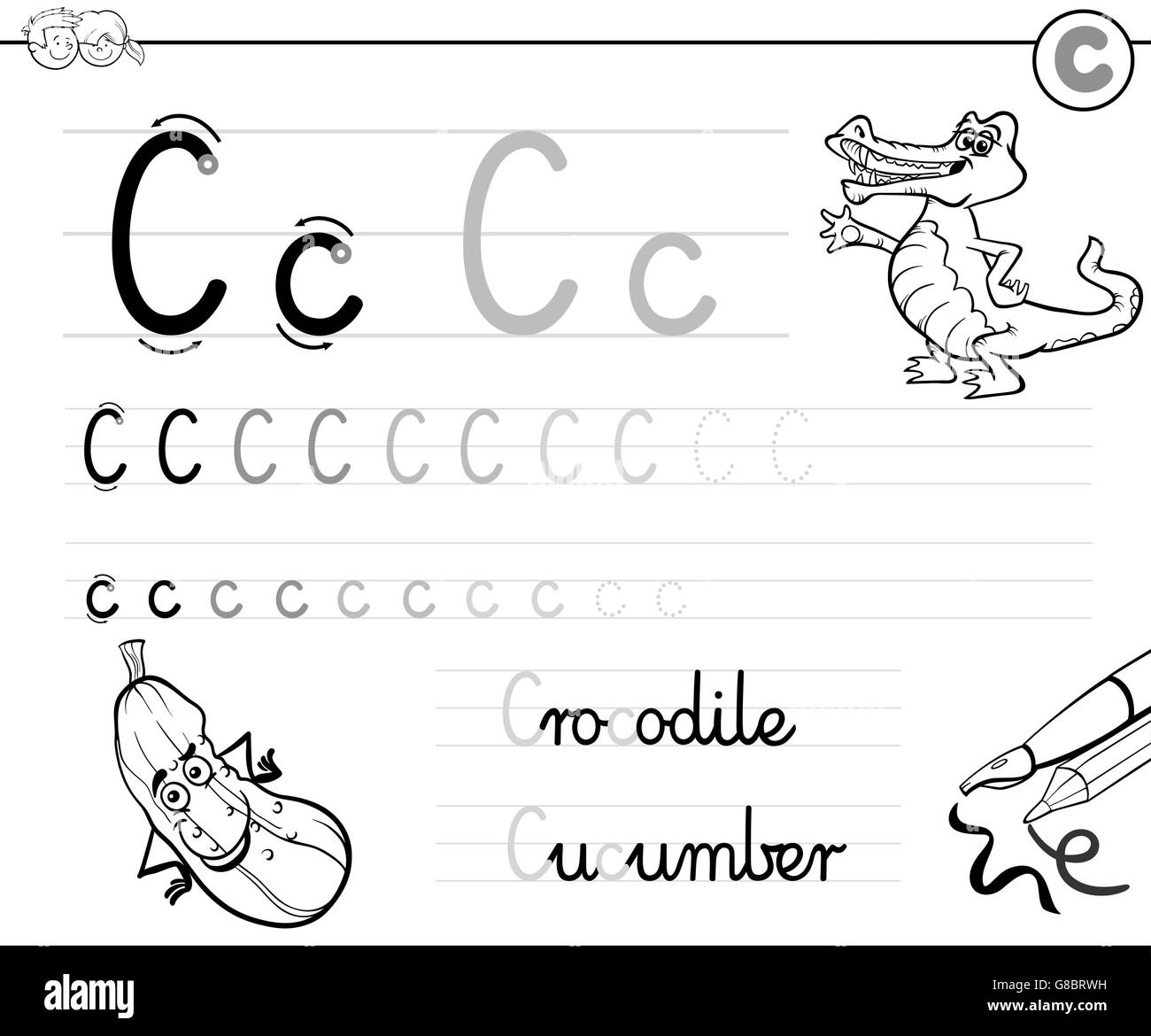 Bianco e Nero Cartoon illustrazione di abilità di scrittura pratica con la lettera C Foglio di lavoro per i bambini Libro da colorare Illustrazione Vettoriale