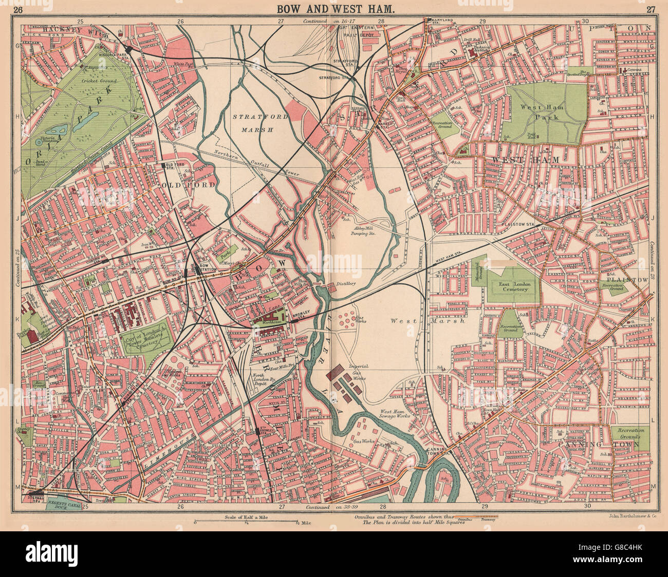 Londra E: Prua West Ham Bromley Stratford Old Ford. Autobus e tram, 1913 Mappa Foto Stock