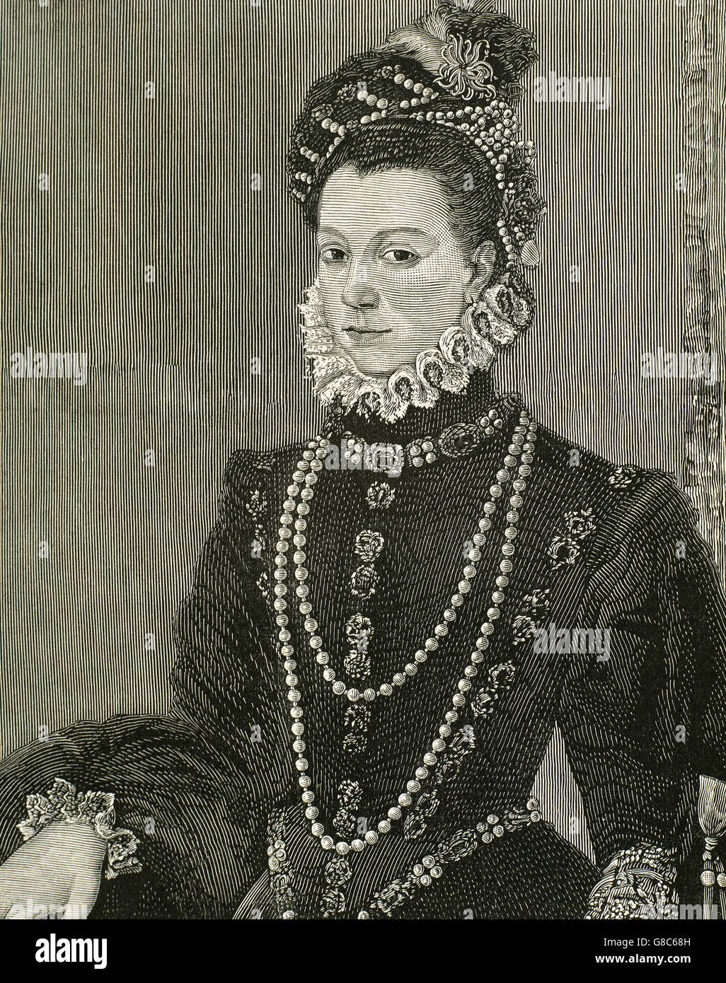 Elisabetta di Valois (1545-1568). Regina spagnola consorte. La Figlia di Enrico II di Francia e Caterina de' Medici. La terza moglie del re Filippo II di Spagna. Ritratto. Incisione. Foto Stock