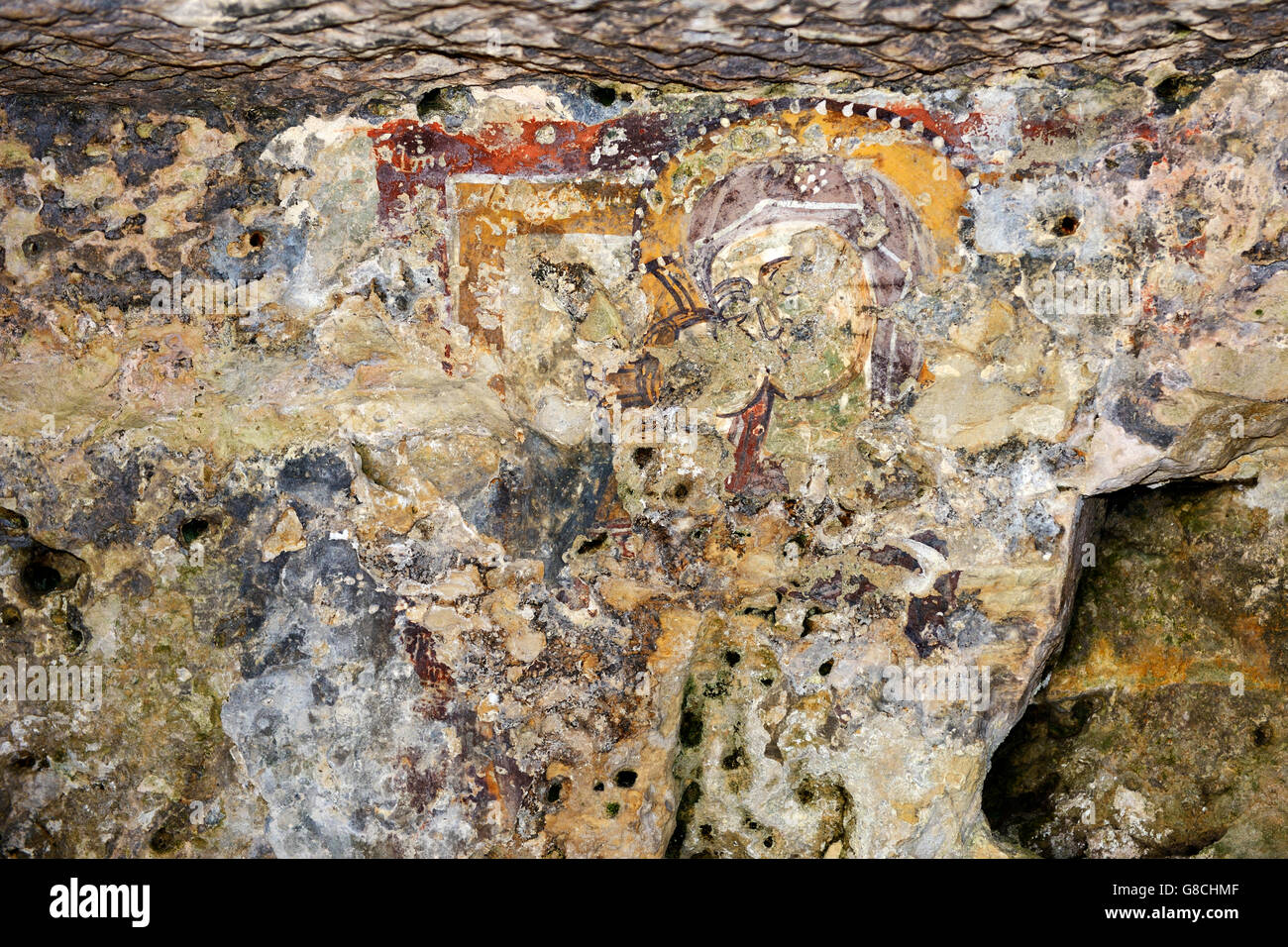 Affresco bizantino nella grotta di San Nicola in cava d'Ispica Gorge, Sicilia, Italia Foto Stock