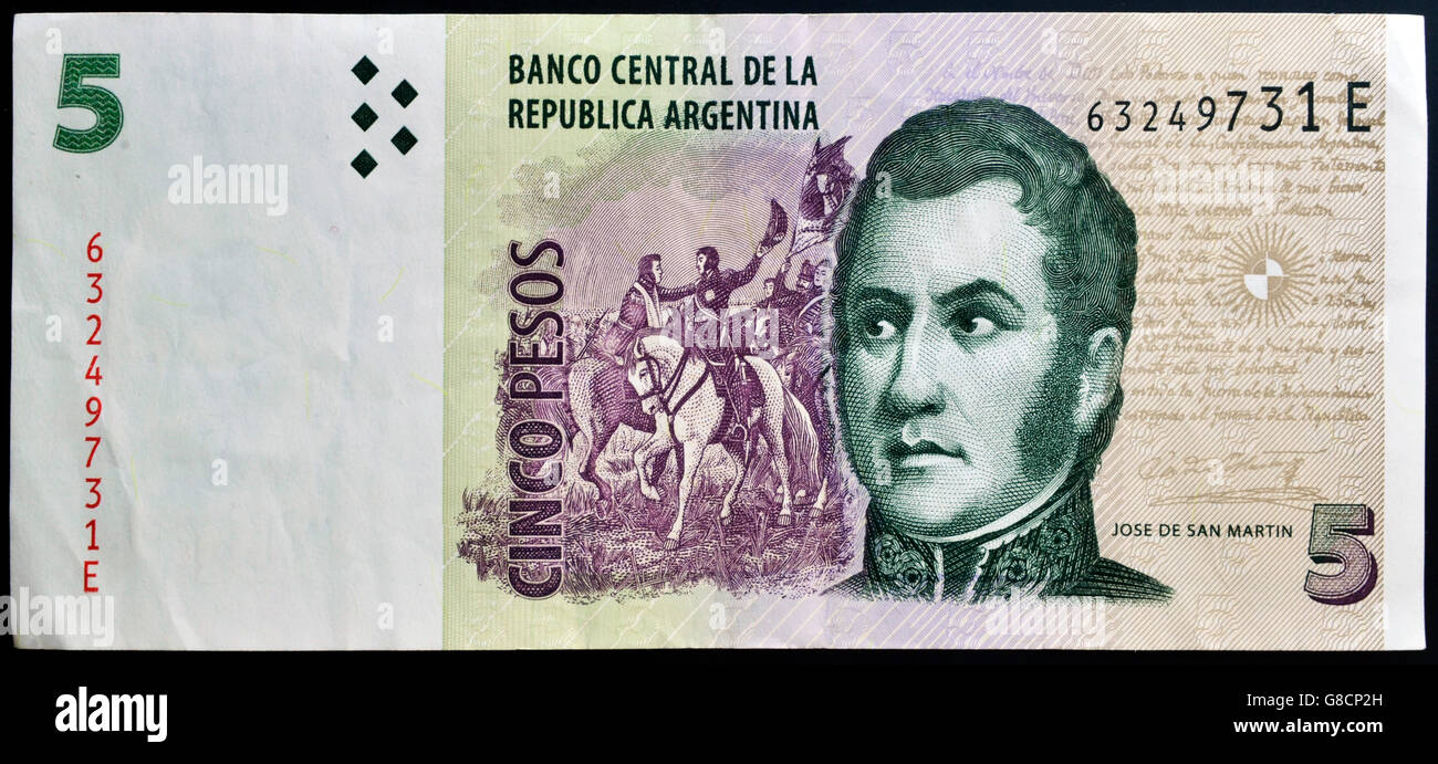 ARGENTINA - CIRCA 2003: Jose de San Martin su 5 pesos 2003 banconota dall Argentina, circa 2003 Foto Stock