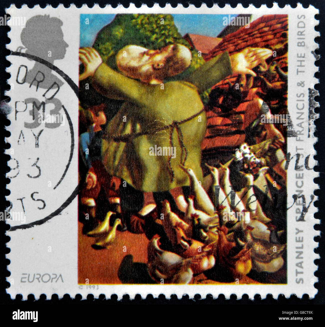 Regno Unito - circa 1993: un timbro stampato in Gran Bretagna mostra San Francesco e gli uccelli da Stanley Spencer, circa 1993 Foto Stock
