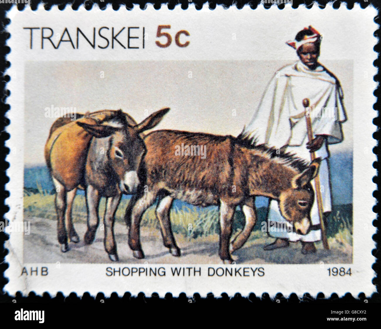 Repubblica del Sud Africa - circa 1984: un timbro stampato in Transkei mostra carrello con gli asini, circa 1984 Foto Stock