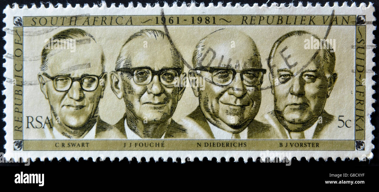 Sud Africa - circa 1981: un timbro stampato in RSA mostra presidenti 1961-1981 (Swart, Fouche, Diederichs e Vorster), circa 1981 Foto Stock