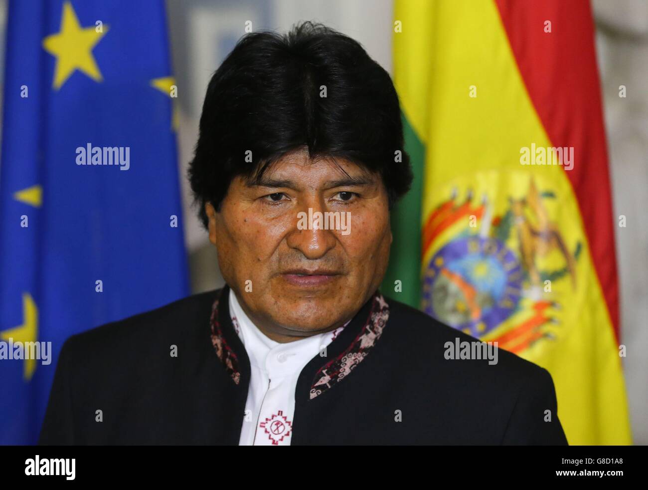 Il presidente boliviano Evo Morales giunge a un incontro con il ministro degli Affari Esteri Charlie Flanagan al Dipartimento degli Affari Esteri di Dublino, Irlanda. Foto Stock