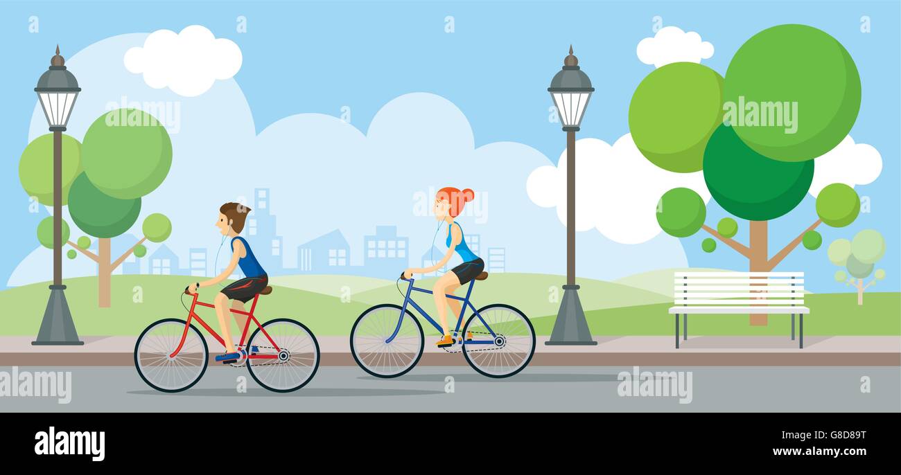 Paio di andare in bicicletta nel parco pubblico, Illustrazione, Design piatto, Illustrazione Vettoriale