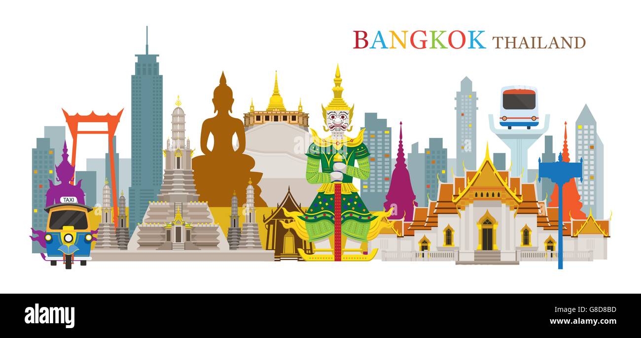 Bangkok, Thailandia e i punti di riferimento, viaggi attrazione, scena urbana Illustrazione Vettoriale