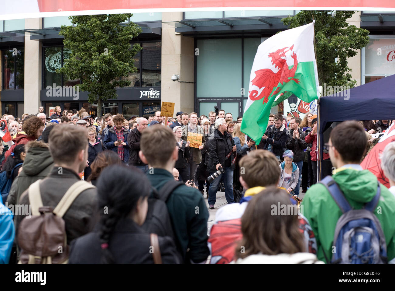 Cardiff, Regno Unito. Il 28 giugno, 2014. Cardiff come una città si riunisce per celebrare l'Europa dopo gli episodi di razzismo a seguito del referendum UE e brexit. Altoparlanti inclusi Plaid Cymru leader Leanne legno. Credito: Amonochromedream.com/Alamy Live News Foto Stock