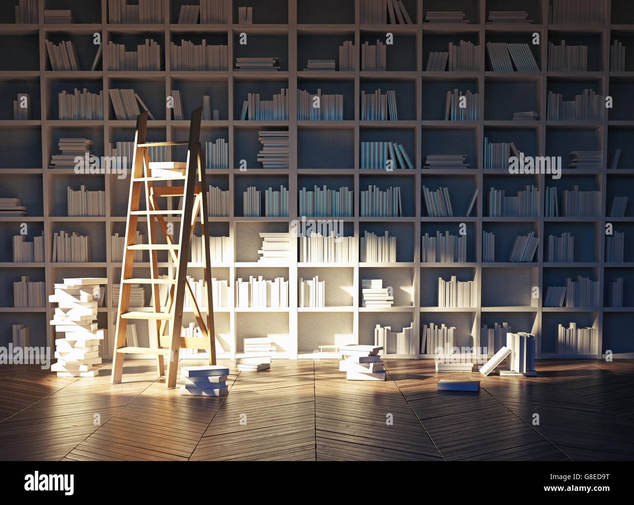 La luce del sole nella libreria interna. Il rendering 3D Foto Stock