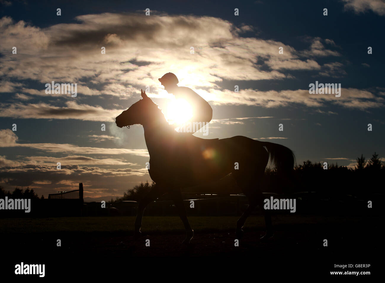 Una vista dalla silhouette come un corridore e un pilota fanno loro Modo per l'inizio dell'affare di assicurazione di automobile di Higos Inseguimento handicap Foto Stock