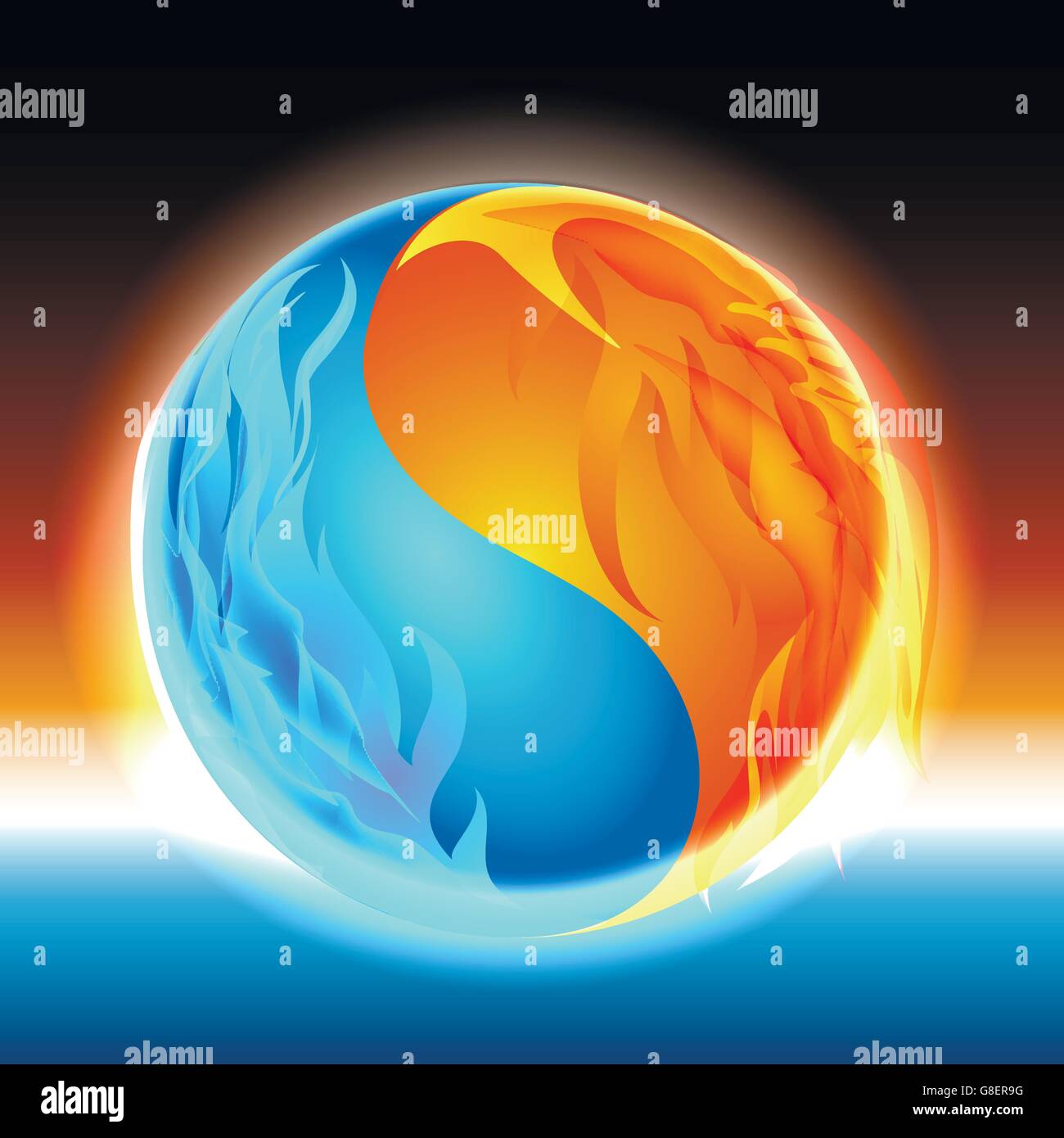 Zen incandescente sfera con ghiaccio e fuoco elementi come simbolo di un Yin Yang. Illustrazione Vettoriale