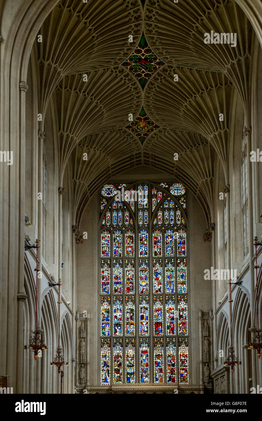 Tetti a volta gotici perpendicolari all'interno di Bath Abbey, Bath, Avon, Inghilterra, Regno Unito Foto Stock