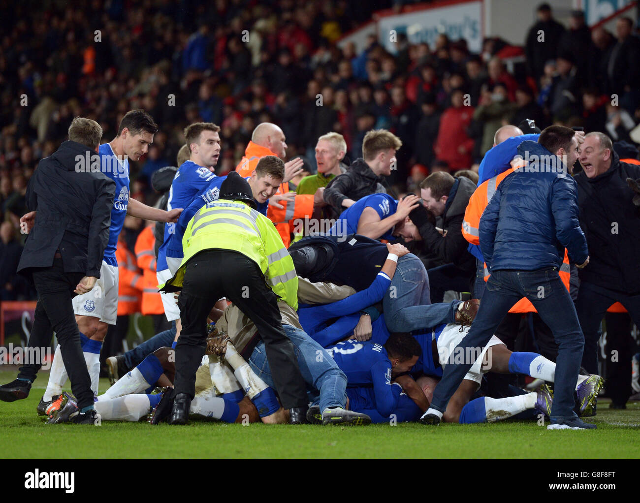 I fan di Everton festeggiano con il gol dei giocatori Ross Barkley durante la partita Barclays Premier League al Vitality Stadium di Bournemouth. Foto Stock