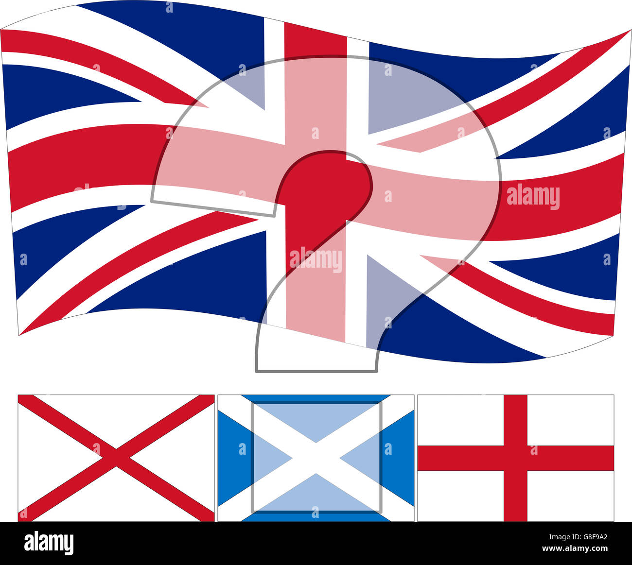 Nazioni Unite Regno Unito - il Regno Unito bandiera sopra l'irlandese, scozzese e bandiere inglese e un punto interrogativo sulla parte superiore Foto Stock