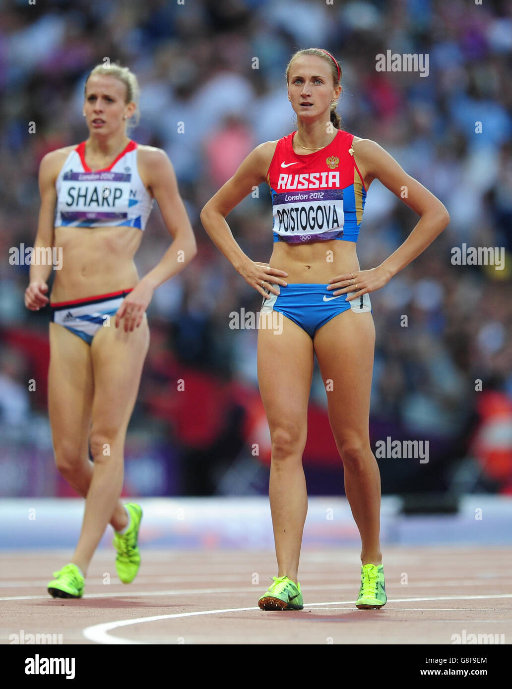 La Russia Ekaterina Poistogova compete nella Semifinale 2 femminile da 800 m durante il tredici° giorno delle Olimpiadi di Londra del 2012. Foto Stock