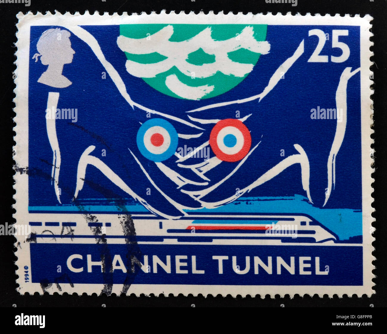 Regno Unito - circa 1994: un timbro stampato in Grat Bretagna mostra due mani su un treno, Channel Tunnel apertura, circa 1994 Foto Stock