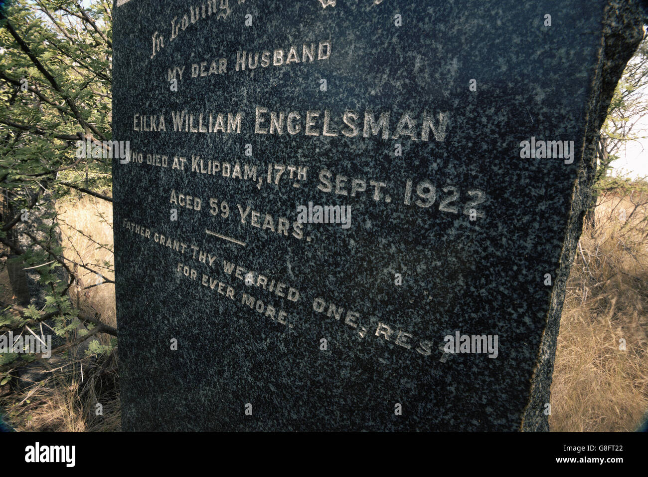 Diamond miner Eilka William Engelsman la sua tomba a Klipdam, Cape Town, Western Cape, Sud Africa. Foto Stock