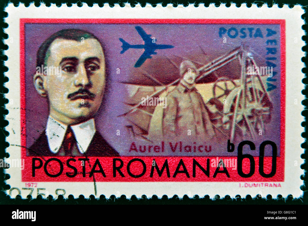 ROMANIA - circa 1972: un timbro stampato in Romania mostra Aurel Vlaicu, pioniere dell'aviazione, circa 1972. Foto Stock