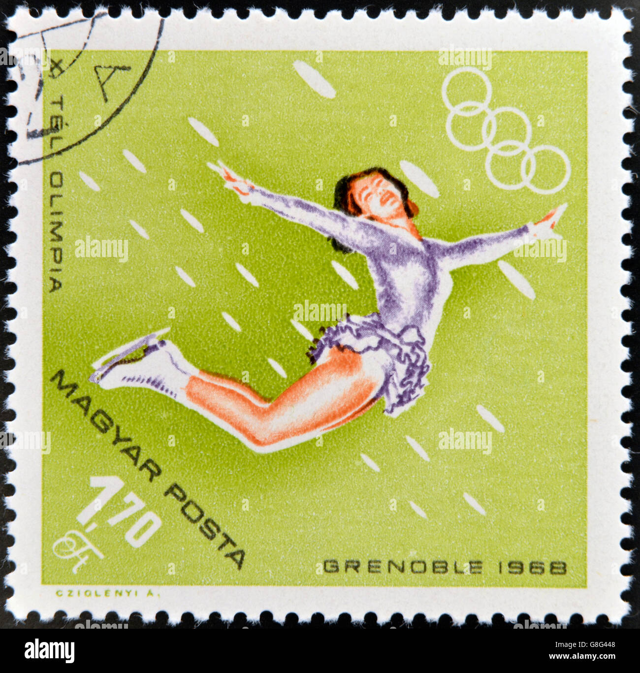 Ungheria - circa 1968: Un timbri stampato in Ungheria che mostra un atleta in pattinaggio artistico,l'inverno sport olimpici a Grenoble 1968, c Foto Stock