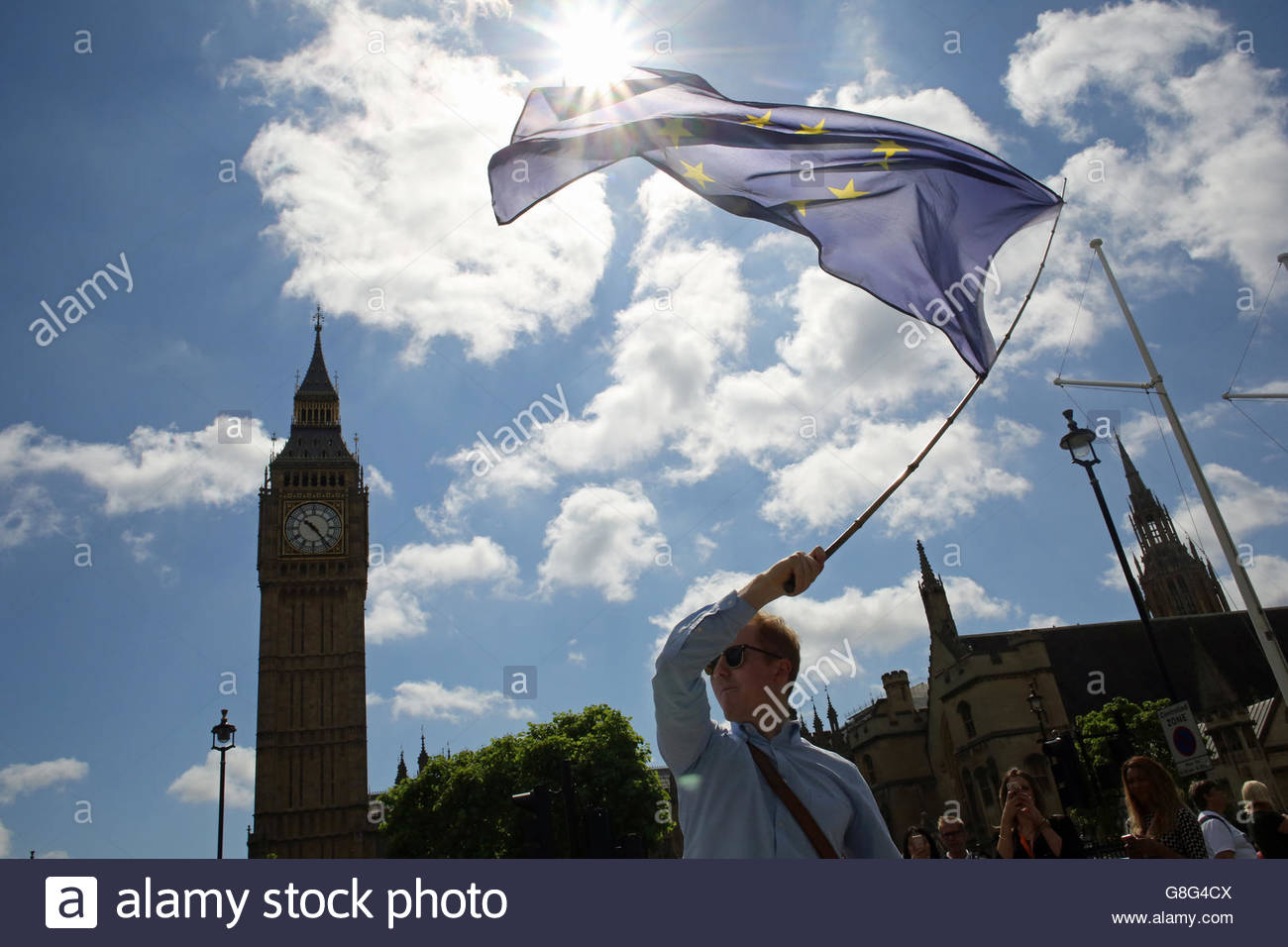 Un giovane sostenitore dell'UE onde la bandiera dell'UE presso Westminster dopo la vittoria Brexit Foto Stock