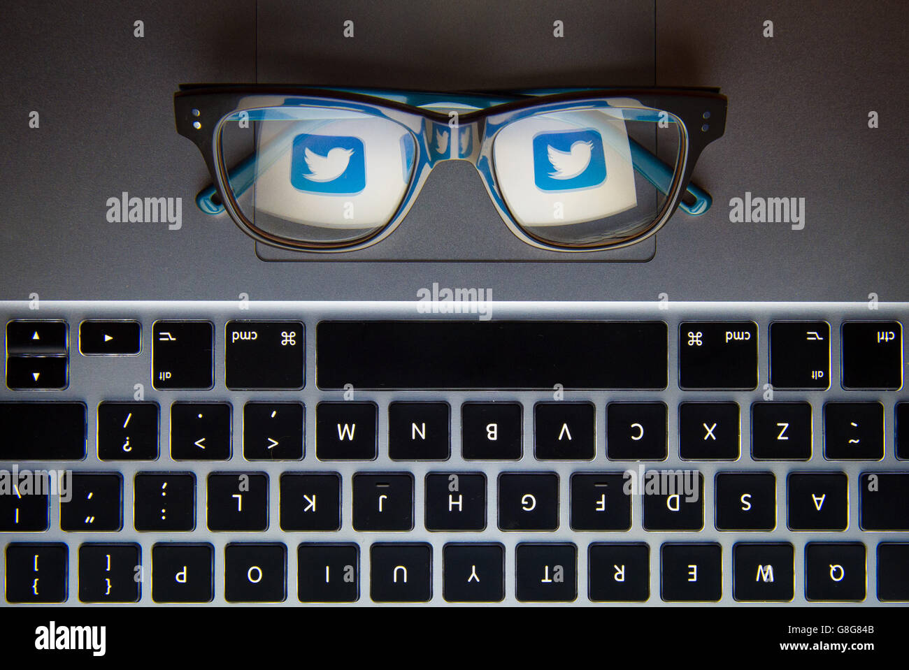 Il logo del sito di social network Twitter riflesso in un paio di occhiali. Foto Stock