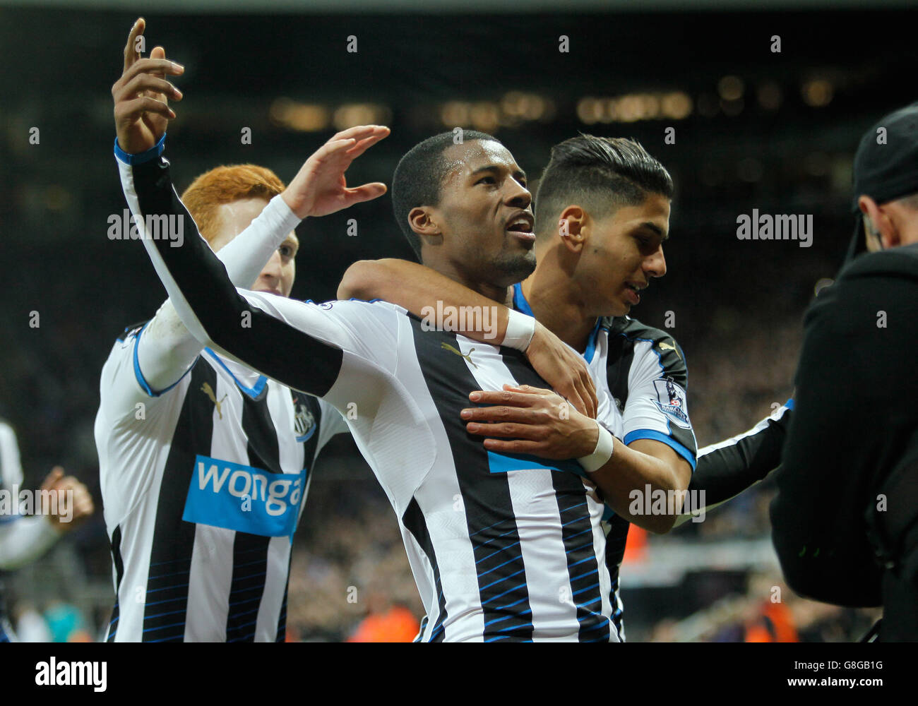 Ayoze Perez (a destra), Jack Colback (a sinistra) e Georginio Wijnaldum festeggiano dopo che il suo colpo si è deviato da Martin Skrtel di Liverpool per un proprio gol, durante la partita Barclays Premier League a St James' Park, Newcastle. Foto Stock