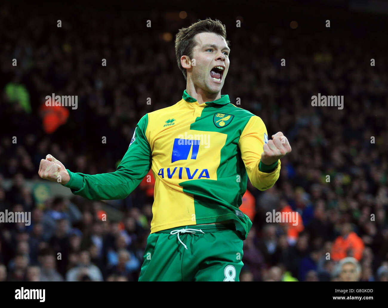 Jonny Howson di Norwich City festeggia il primo gol durante la partita della Barclays Premier League a Carrow Road, Norwich. Foto Stock