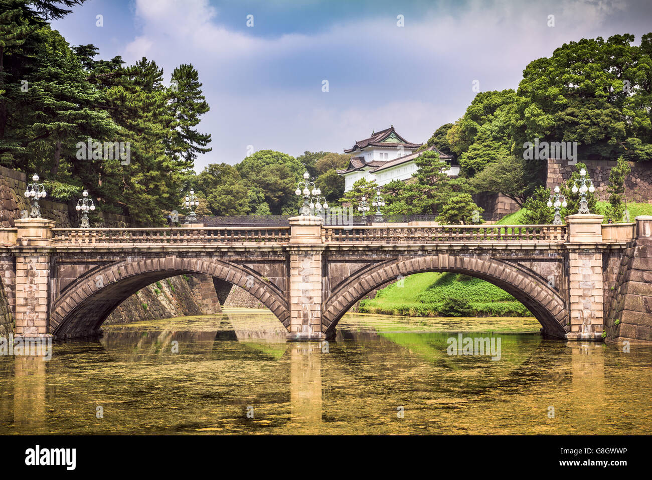 Tokyo Palazzo Imperiale del Giappone fossato e ponte. Foto Stock