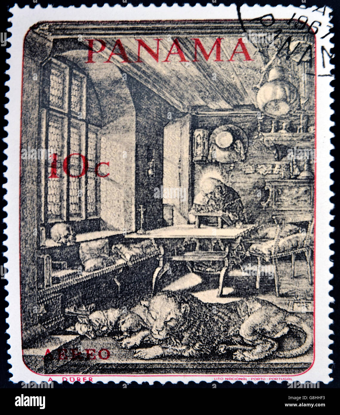 PANAMA - circa 1967: un timbro stampato in Panama mostra San Girolamo nel suo studio di Durer, circa 1967 Foto Stock