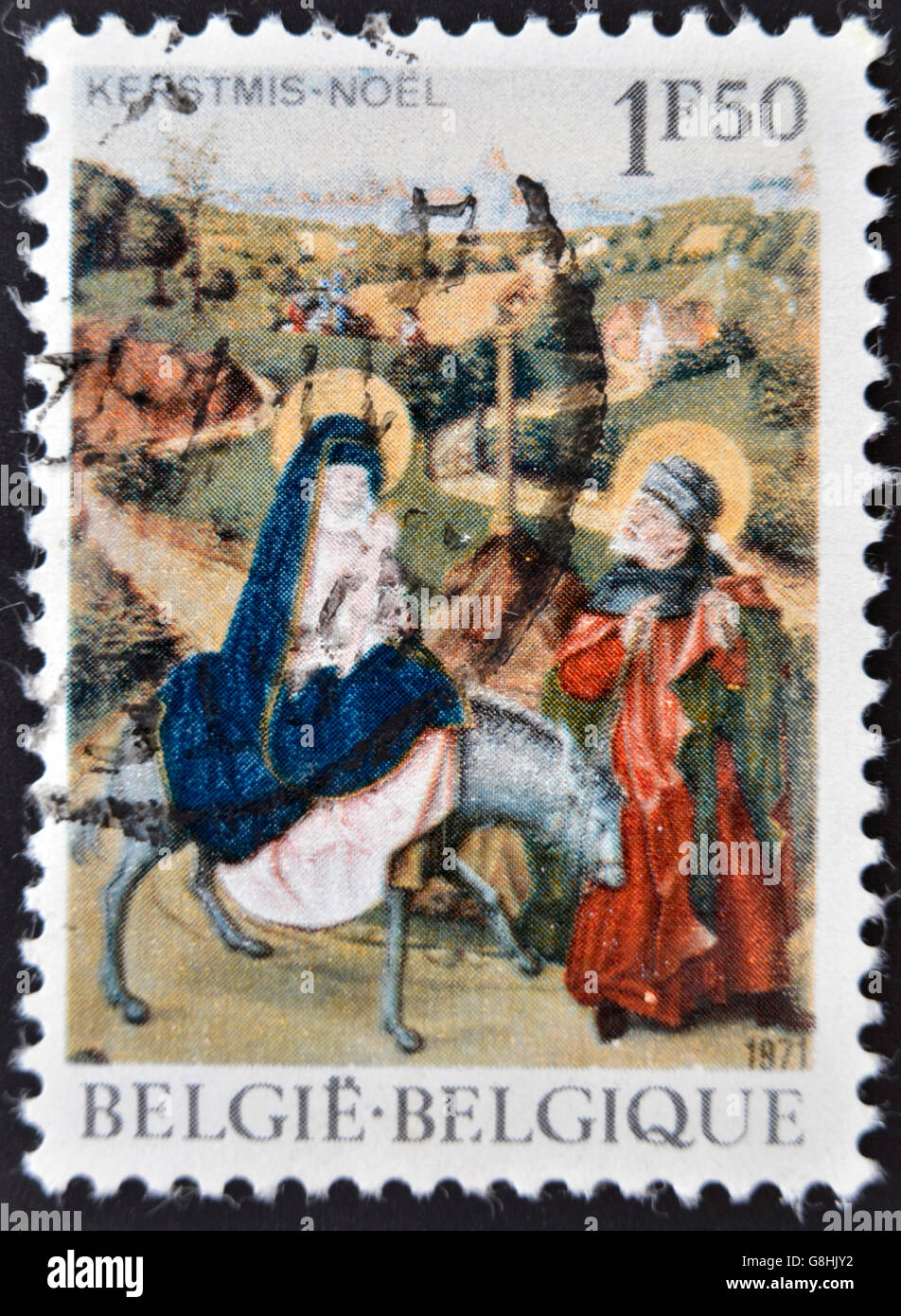 Belgio - circa 1971: un timbro stampato in tBelgium mostra la scena biblica di Gesù la fuga in Egitto, circa 1971 Foto Stock