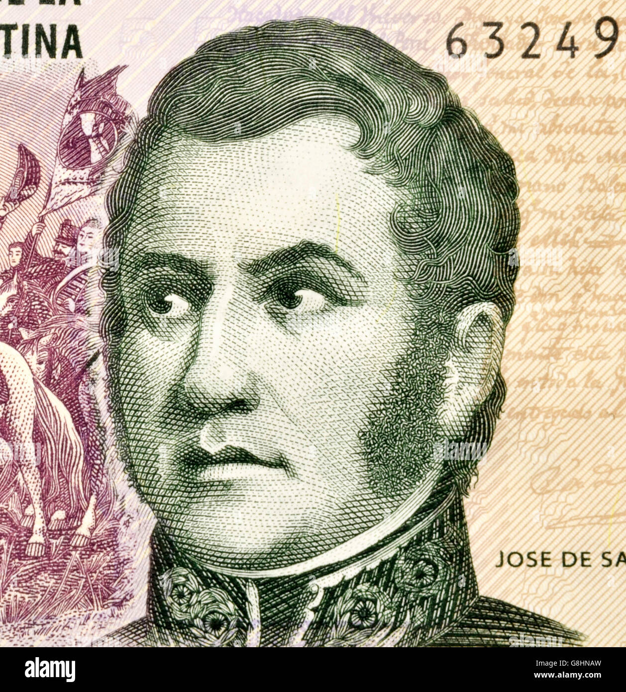 Jose de San Martin su 5 pesos 2003 banconota da Argentina. Foto Stock