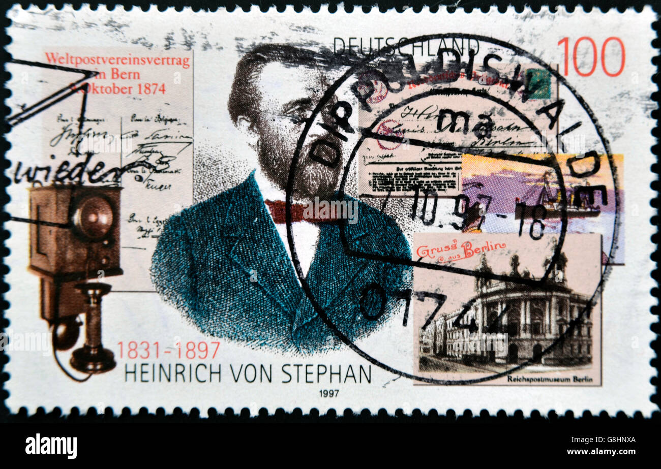Germania- circa 1997: timbro stampato dalla Germania, mostra Heinrich von Stephan, circa 1997 Foto Stock