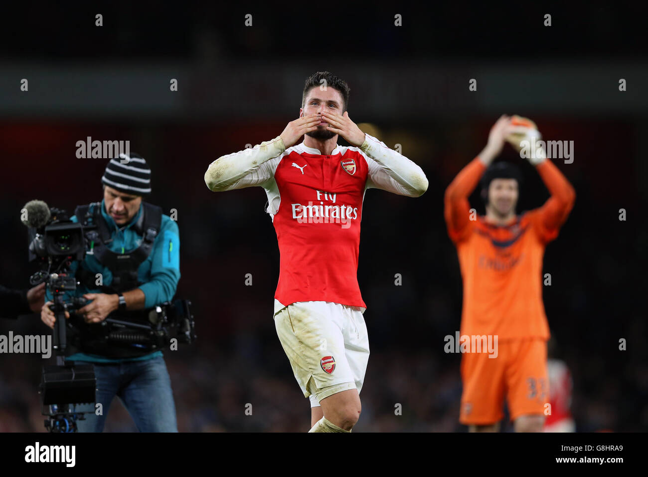 Arsenal / Manchester City - Barclays Premier League - Emirates Stadium. Oliiver Girud dell'Arsenal celebra la vittoria dopo il fischio finale durante la partita della Premier League all'Emirates Stadium di Londra. Foto Stock