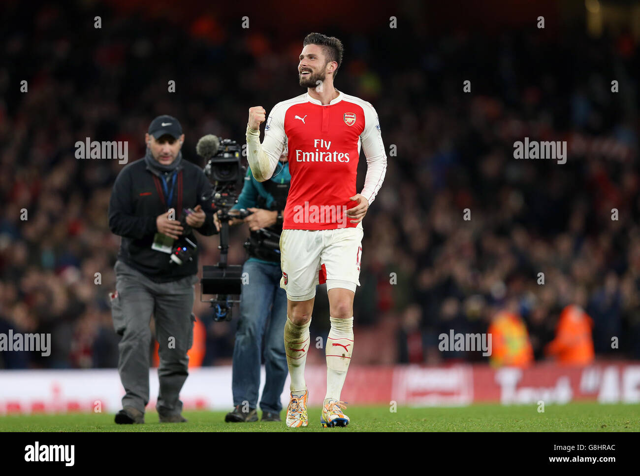 L'Arsenal's Oliiver Giroud celebra la vittoria dopo il fischio finale durante la partita della Premier League all'Emirates Stadium di Londra. Foto Stock
