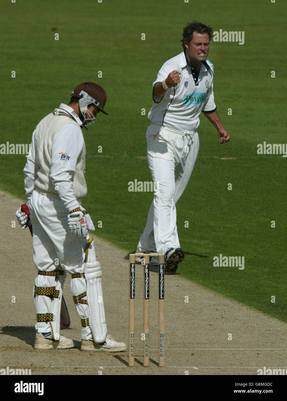 Cricket - Frizzell County Championship - Divisione uno - Surrey contro Hampshire - The Brit Oval. Bruce, Hampshire's J., rivendica il premio di Mark Ramprakash di Surrey. Foto Stock