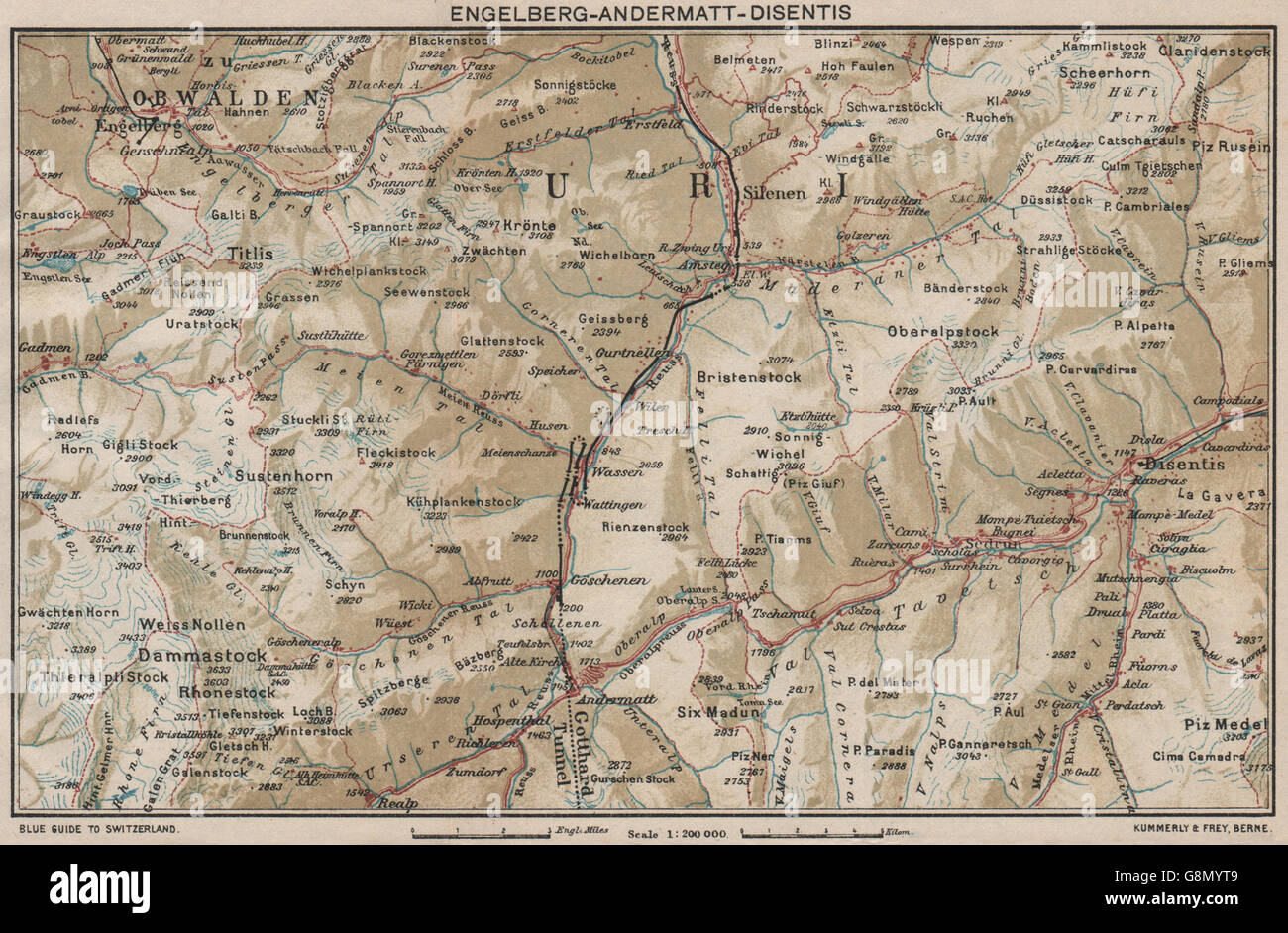 ENGELBERG ANDERMATT-Disentis Sedrun. Uri Grigioni Berna. Vintage map, 1930 Foto Stock